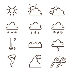 Weather linear icons set. Cloud, sun, precipitation