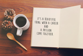 Inspirational motivating quote on notebook and coffee with retro