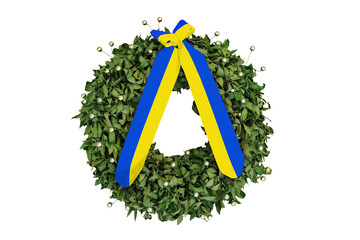 Laurel wreath with a commemorative yellow-blue  ribbon isolated
