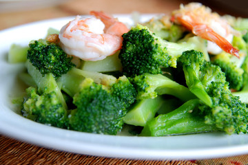 Broccoli fired with Shrimp in restaurant