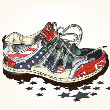 Fashion background with sports boots decorated by USA and Britis