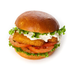 Fish burger on white background. Selective focus.