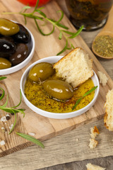 Italian food appetizer bread and olive oil. Selective focus.