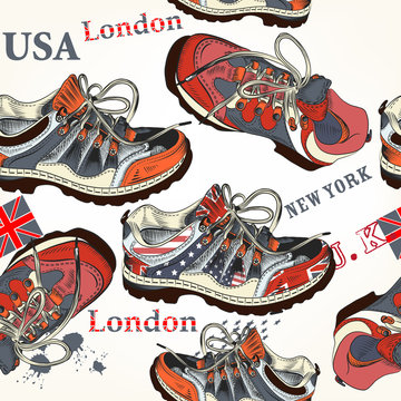 Fashion seamless pattern with sports boods decorated by British