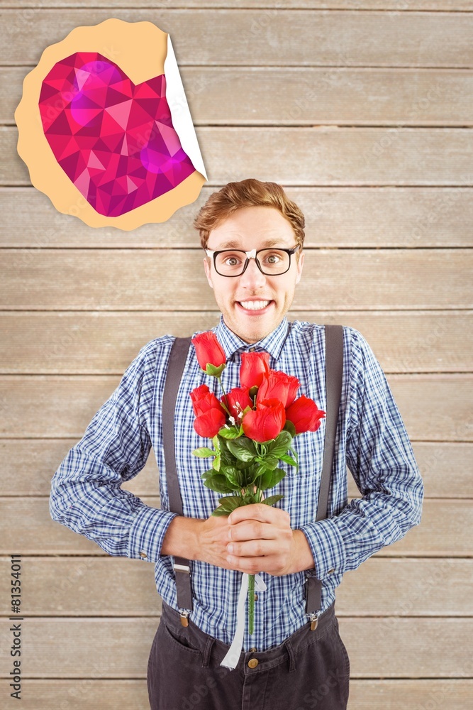 Poster composite image of geeky hipster holding a bunch of roses