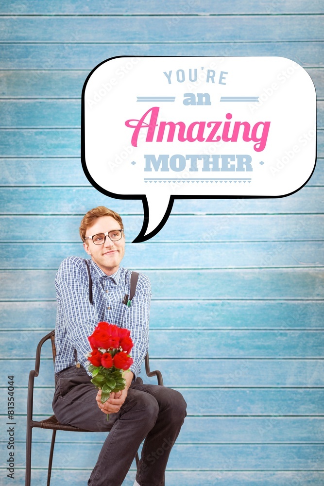 Poster composite image of geeky hipster holding a bunch of roses