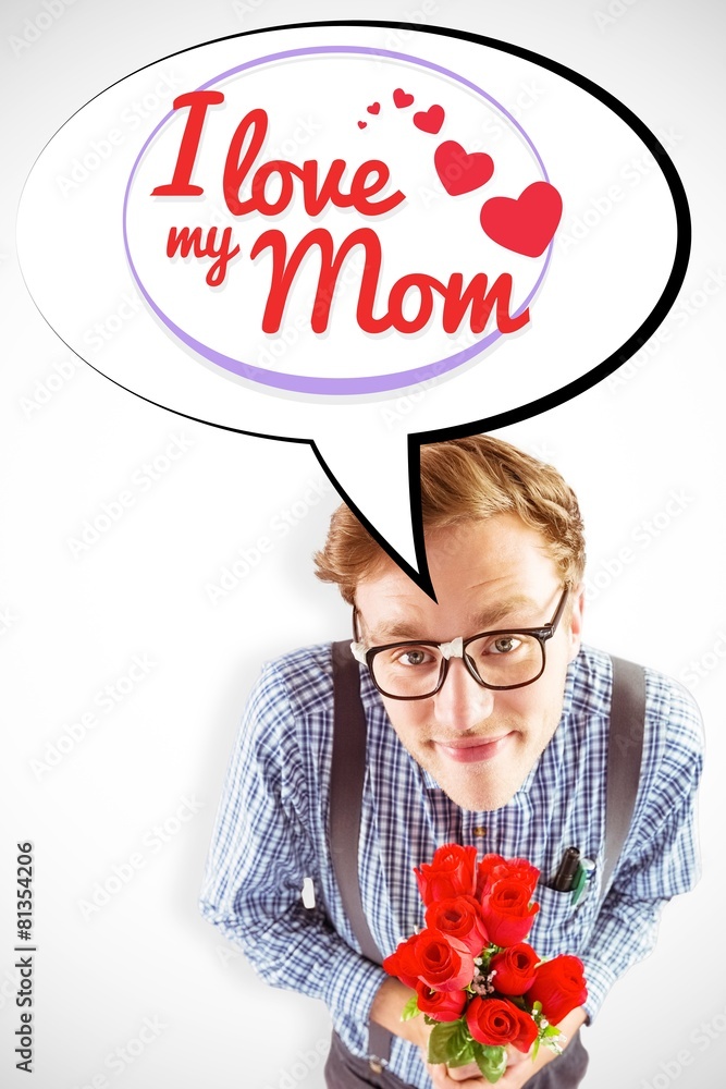 Poster composite image of geeky hipster holding a bunch of roses