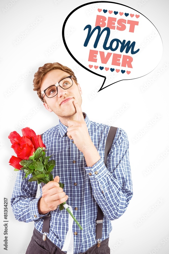 Poster composite image of geeky hipster holding a bunch of roses