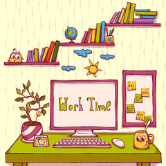 Vector cartoon illustration of workplace in office