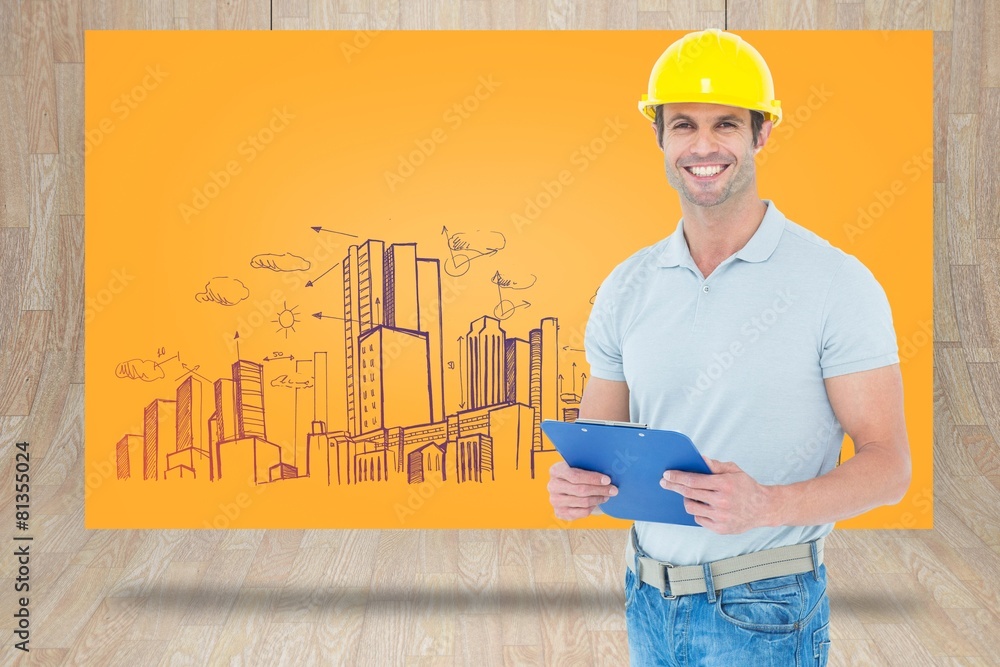 Poster composite image of happy architect holding clip board