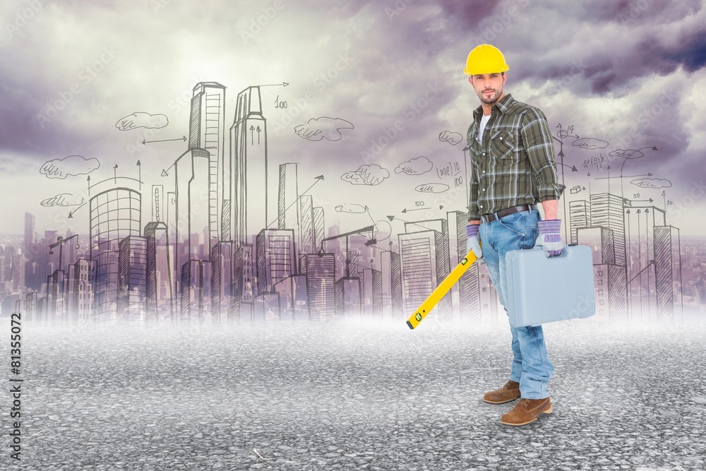 Poster Composite image of manual worker with spirit level and toolbox