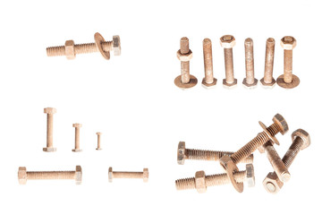 Rusty nut and bolt isolated on white background.