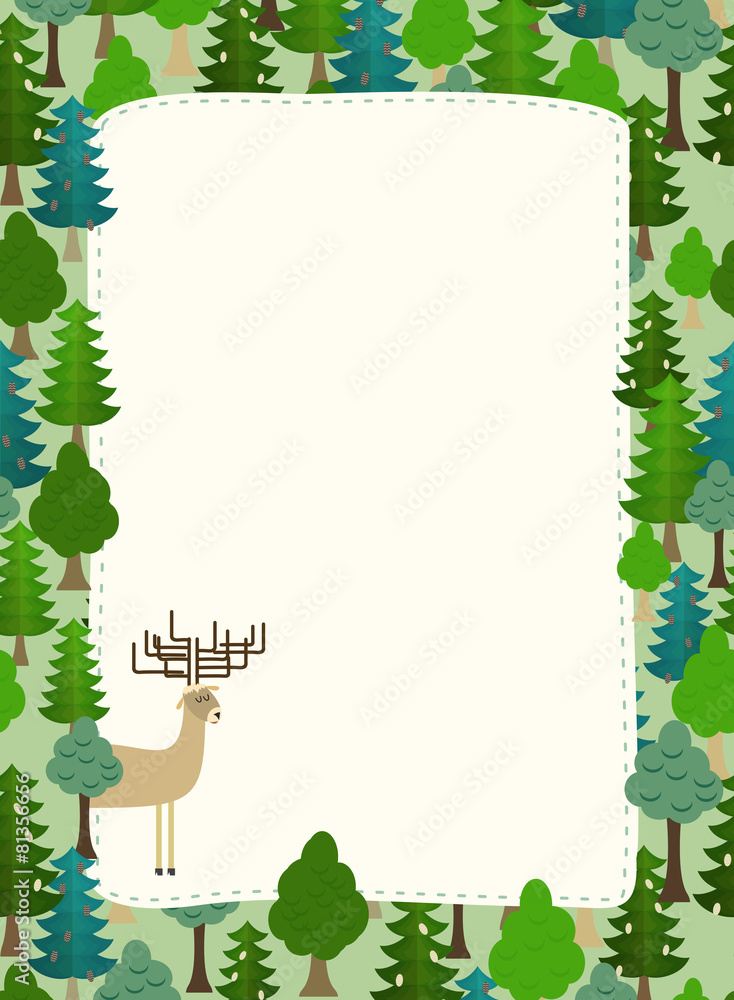 Poster conifers pattern. background of trees and deer. earth day. templ