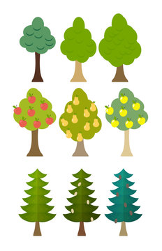 set Tree icon fruit trees, conifers, forest trees. Vector illust