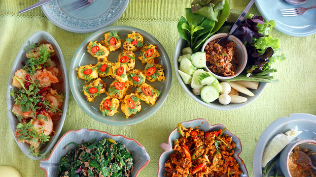 Top view of Thai cuisine dishes, famous international food