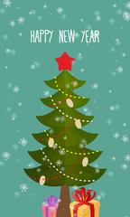Happy new year greeting card. Christmas tree and gift.