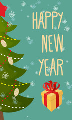 Fototapeta na wymiar Happy new year greeting card. Christmas tree and gift.