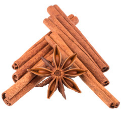 cinnamon stick and star anise spice isolated on white background