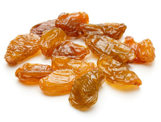 Yellow sultanas raisins isolated on white background cutout