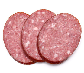 Smoked sausage salami slices isolated on white background cutout