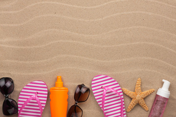 Accessories for the beach  lying on the sand