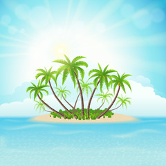 Fototapeta premium Tropical island with palm trees, sky, clouds and sun