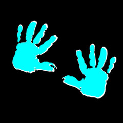 two children turquoise palm prints on black background