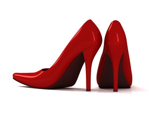 Red fashionable high-heeled shoes on white background