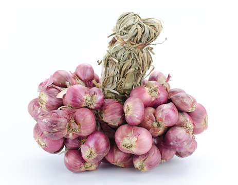 Shallot onions in a group on white background