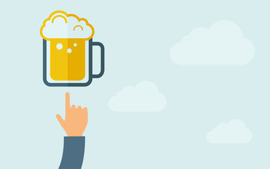 Hand pointing to a beer mug.