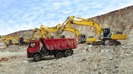 Loading of crushed stone in a dump truck at the quarry