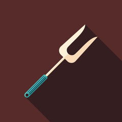 Barbecue fork flat square icon with long shadows.