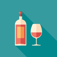 Wine bottle and wine glass flat square icon with long shadows.