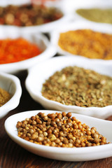 Different kinds of spices in ceramics spoons, close-up,