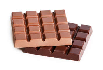 Milk and black chocolate bars isolated on white