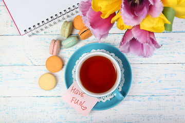 Composition with good morning top view on wooden background