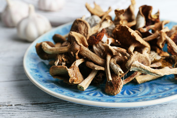 Dried mushrooms in plate on wooden table, closeup