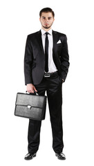 Elegant man in suit with briefcase isolated on white