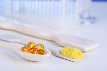 Laboratory spatulas on white table