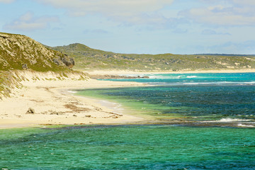 View on tropical beach and ocean in sunny day