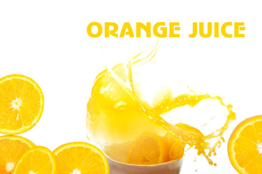 Orange juice and oranges on a white background