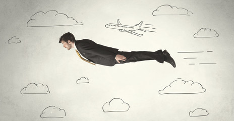 Cheerful business person flying between hand drawn sky clouds