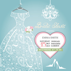 Bridal shower invitation.Wedding lace dress on hanger