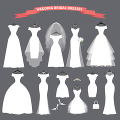 Set of bridal wedding dresses hang on ribbons