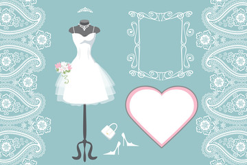 Wedding bridal dress with frame,label,paisley border