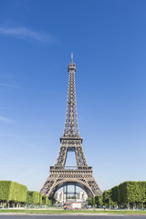 Clear blue sky and Eiffel Tower view.