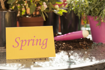 Spring written on card on balcony