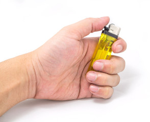 Hand holding Plastic lighter colorful isolated