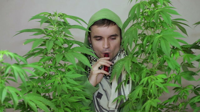 Young man in green hoodie smoking Marijuana with vaporizer.