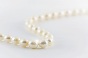 Beautiful creamy pearls necklace isolated on white background.